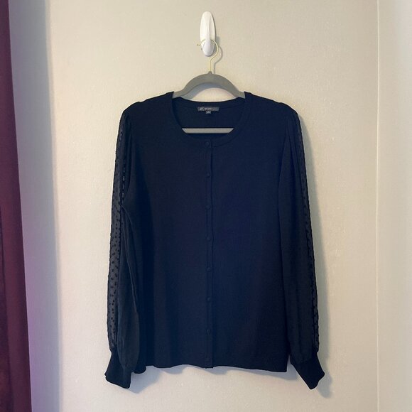 Black Cardigan with Sheer Polka Dot Sleeves - Adrainna Papell - Picture 3 of 9